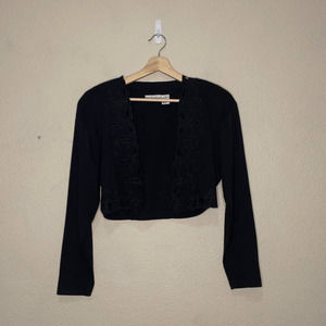 JANE Burchard Jacket Blazer Black Cropped Cotton Scalloped Cut Out Womens Medium